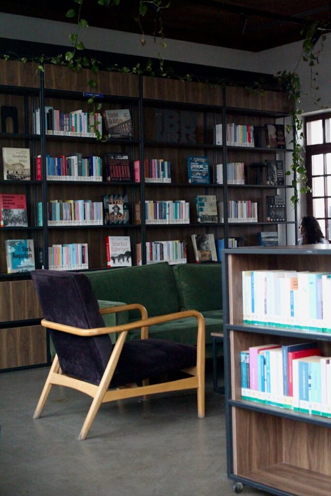 A peaceful library scene in İstanbul featuring bookshelves and comfortable seating.