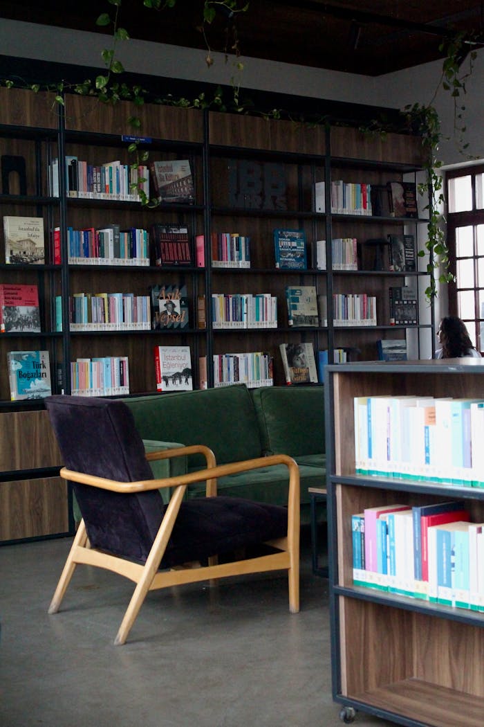A peaceful library scene in İstanbul featuring bookshelves and comfortable seating.